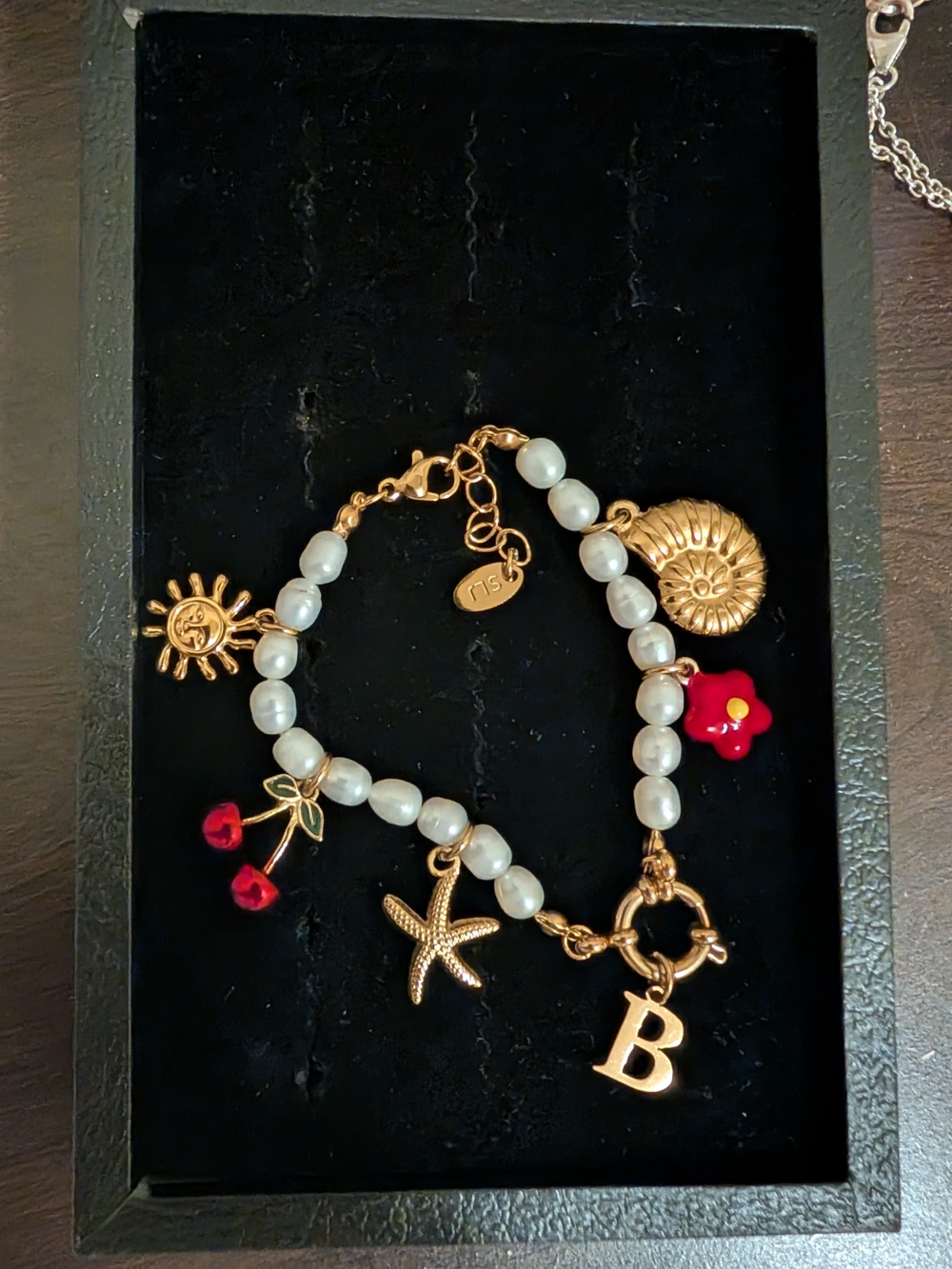 Gold Pearl Charm Bracelet with Red Flower and Cherry Accents
